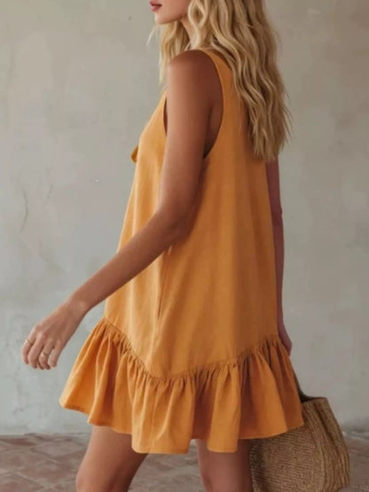 V-Neck Tie Front Ruffle Mini Dress