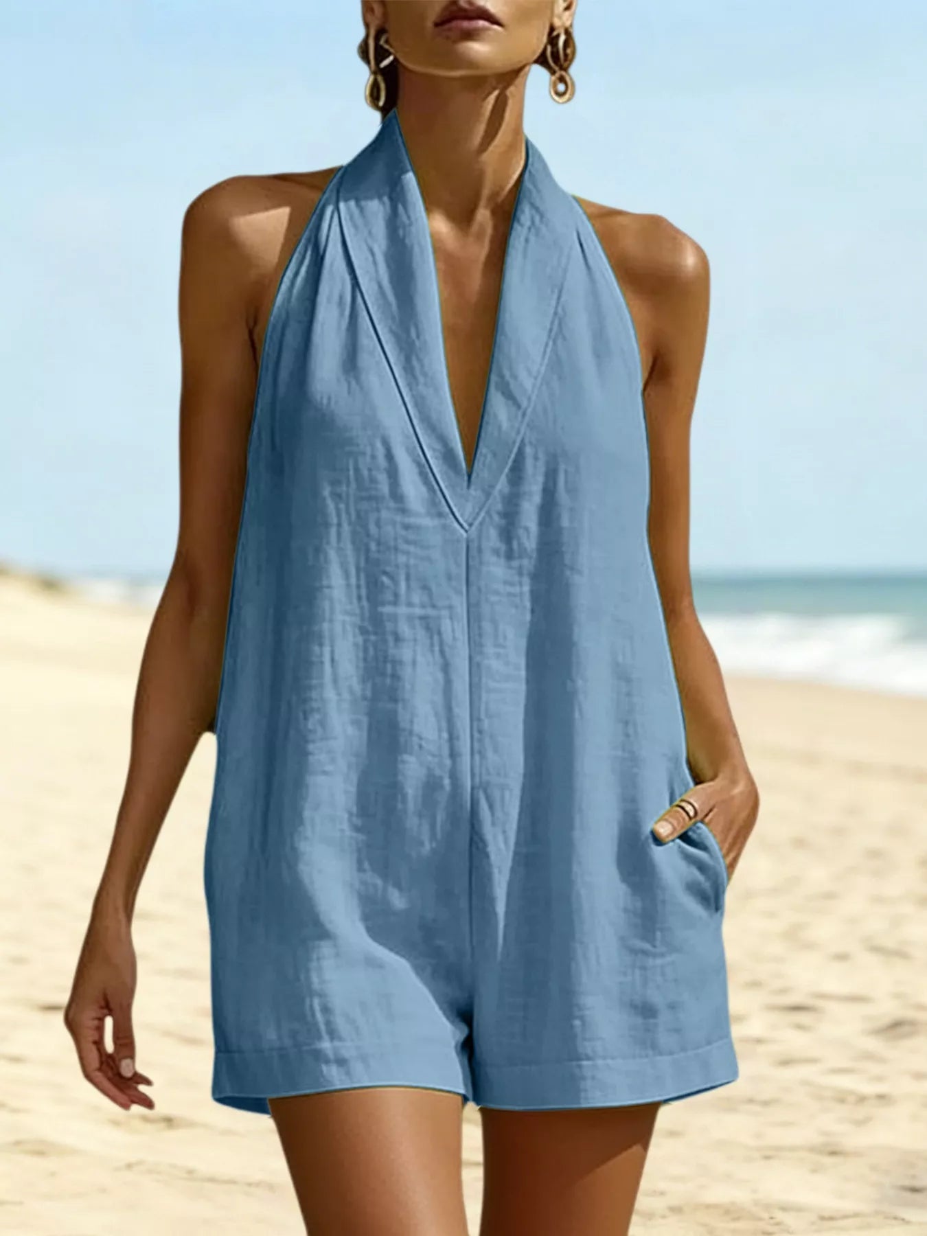 Halter Neck Resort Romper with Pockets