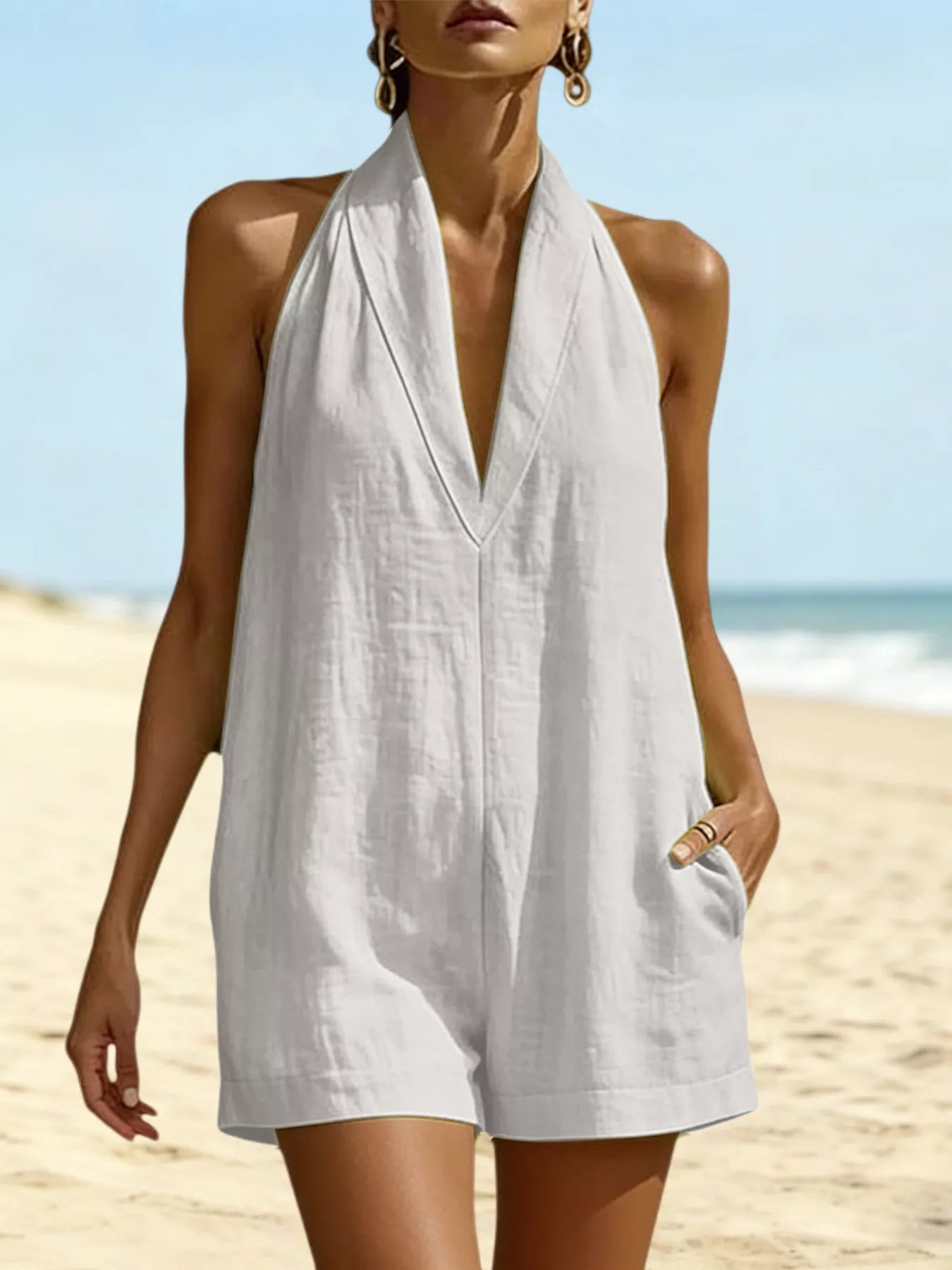 Halter Neck Resort Romper with Pockets
