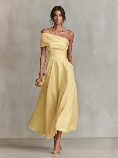 Women's Yellow Linen Dress With One-Shoulder Neckline & Fitted Waist, Timeless Elegant-Chic Style Dress