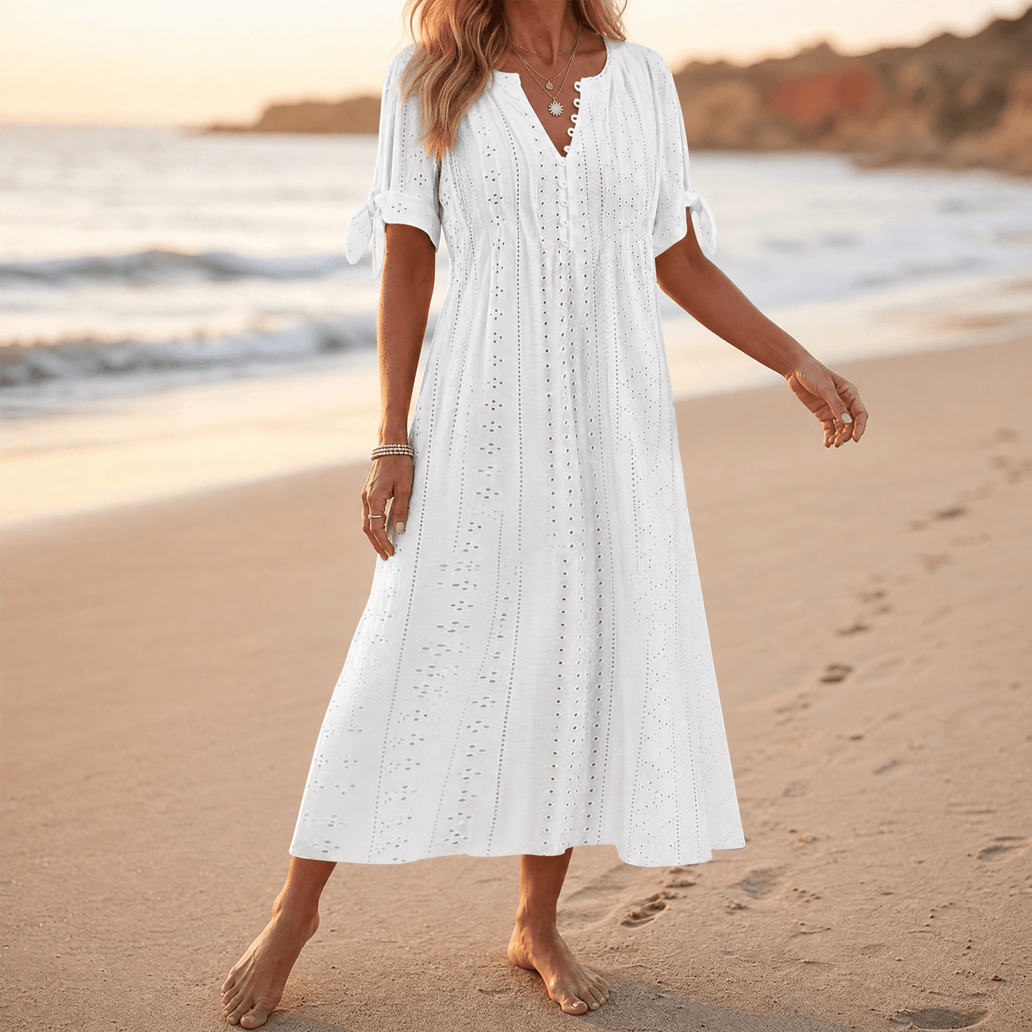 Florenza – Women's Eyelet Midi Dress with Tie-Bow Sleeves