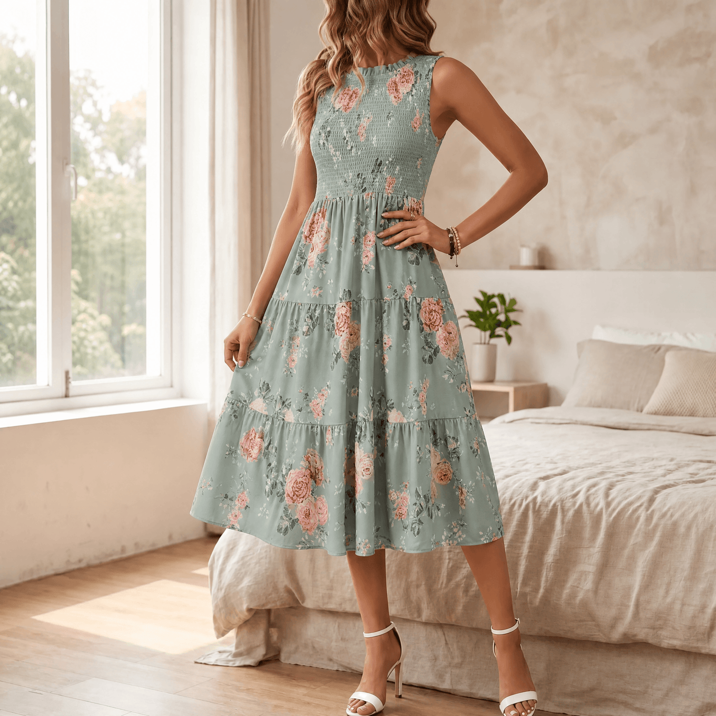 Florenza – Women's Smocked Floral Midi Dress