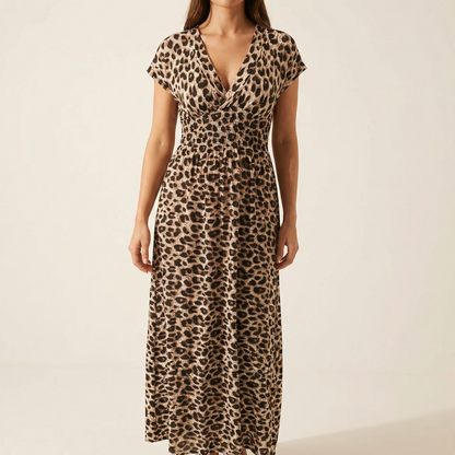 Vivara – Ruched Waist Leopard Maxi Dress