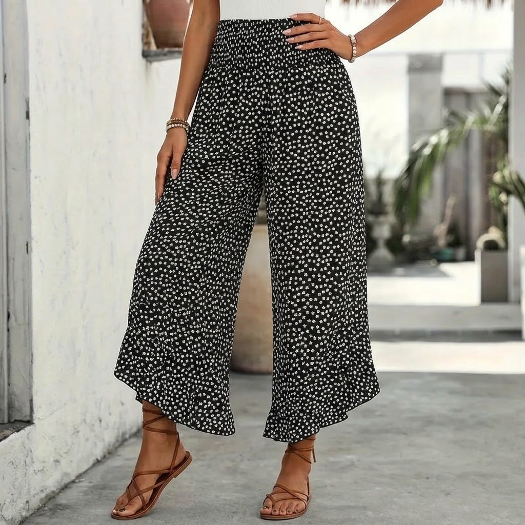 Velura™ – Smocked Wide-Leg Ruffle Pants
