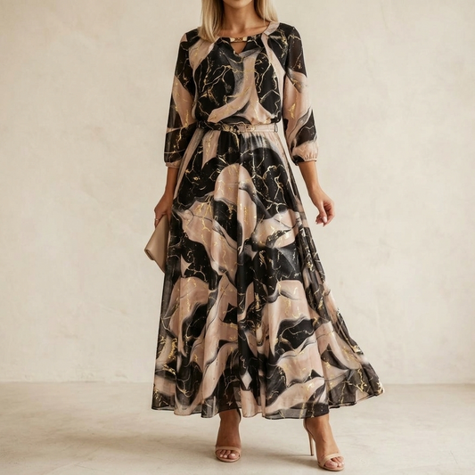 Vivara – Women's Marble Gold Chiffon Maxi Dress