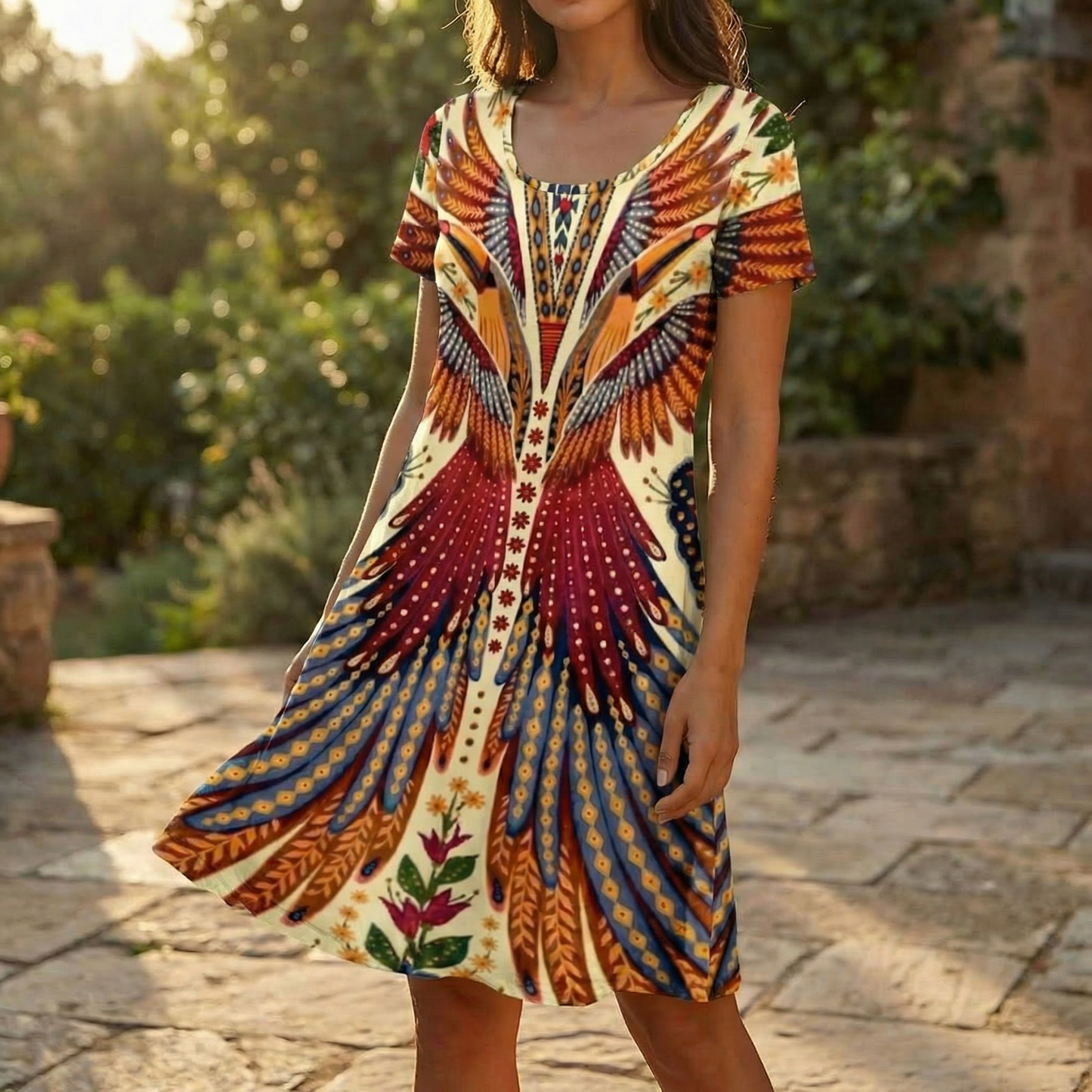Vivara – Bold Peacock Wingspan Summer Dress