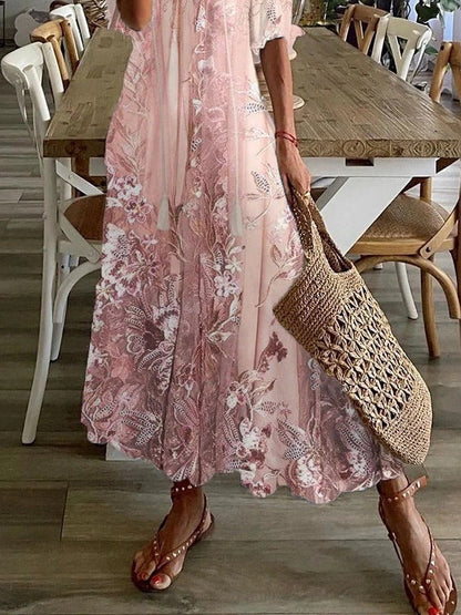Lace Floral Print V-Neck Casual Loose Half Sleeves Maxi Dress