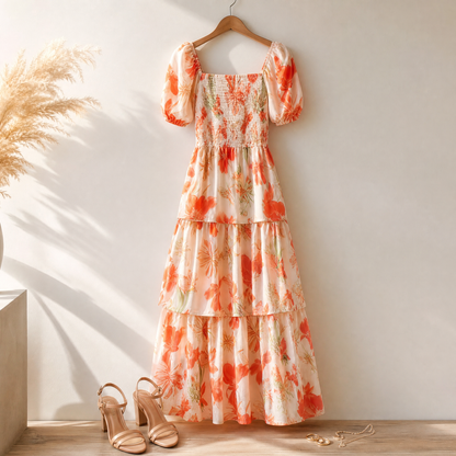 Florenza – Women's Smocked Square-Neck Floral Maxi Dress