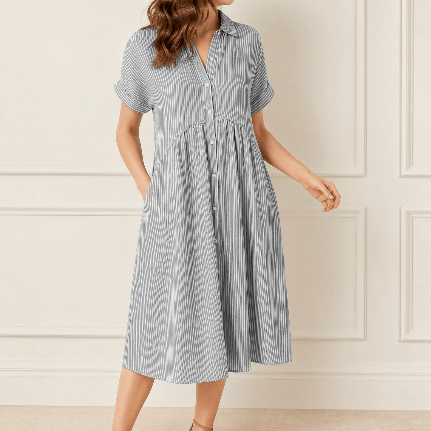 Linara - Striped Midi Shirt Dress with Pockets