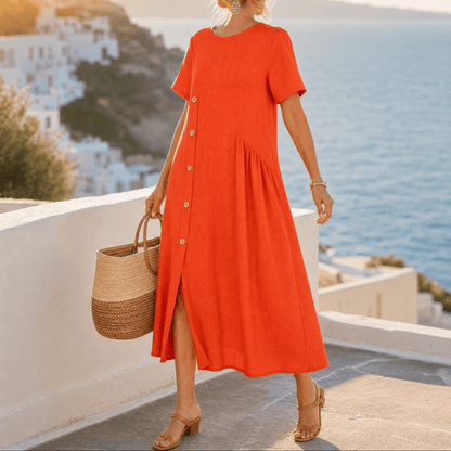 Lunavia – Women's Cotton-Linen Asymmetric Button Midi Dress
