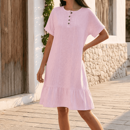 Lunavia – Women's Striped Button-Placket Mini Dress with Pockets