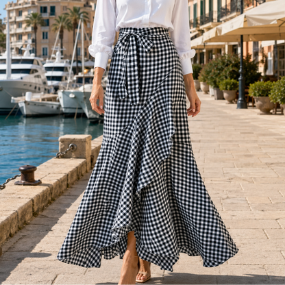 Veluna™ – Gingham Asymmetrical Ruffle Maxi Skirt for Women