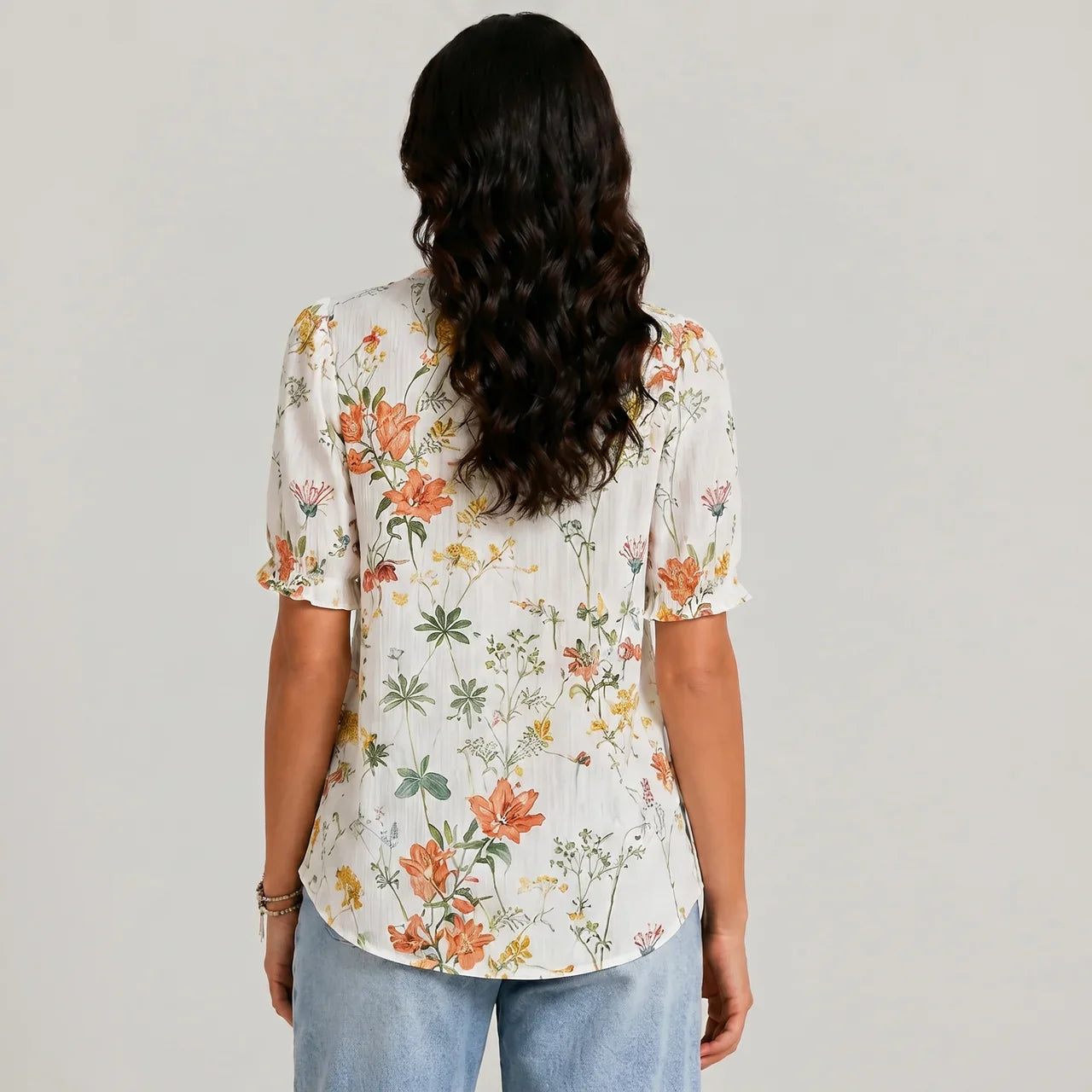 Boho Flower Blouse with Laced Spliced V-neck