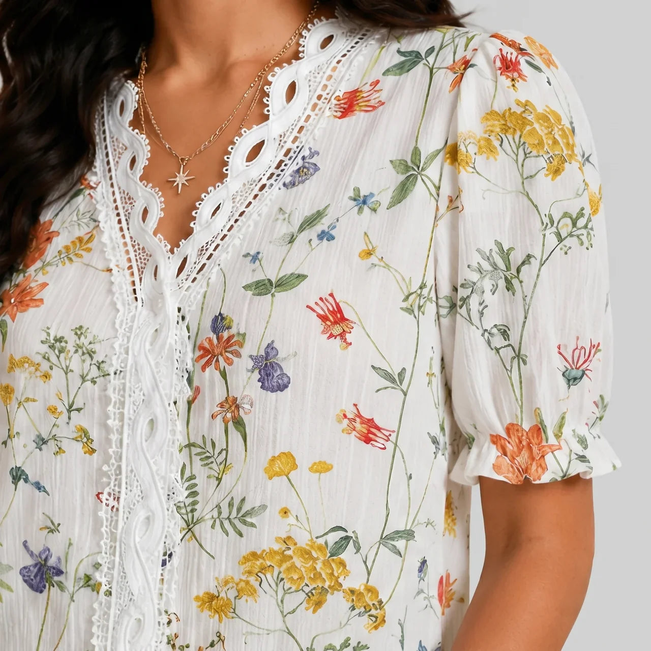 Boho Flower Blouse with Laced Spliced V-neck
