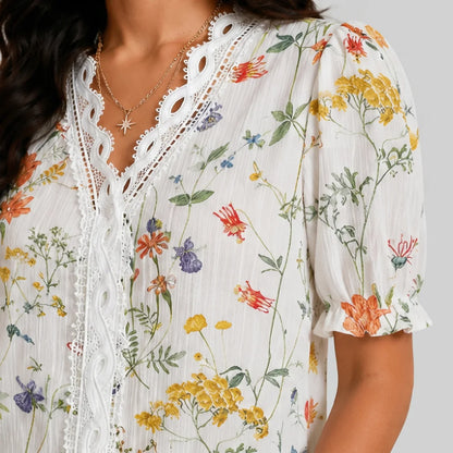 Boho Flower Blouse with Laced Spliced V-neck