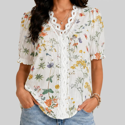 Boho Flower Blouse with Laced Spliced V-neck