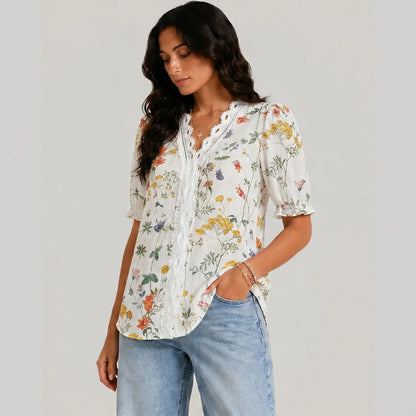 Boho Flower Blouse with Laced Spliced V-neck