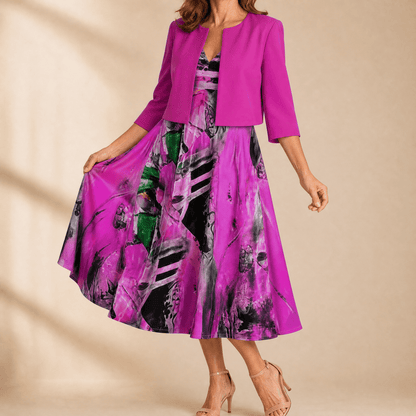 Phaeline – Women's Printed Midi Dress with Attached Cardigan