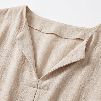 Soléma™ – Flowy V-Neck Midi Dress with Wooden Buttons