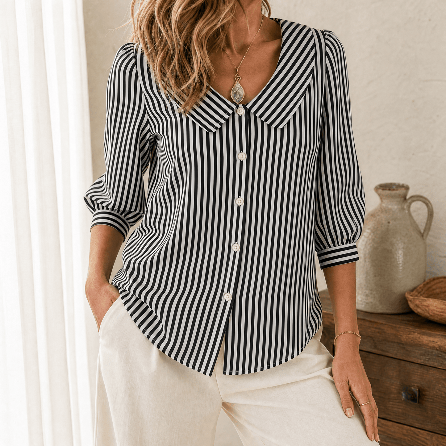 Solène – Women's Striped Sailor Collar Blouse with Puff Sleeves