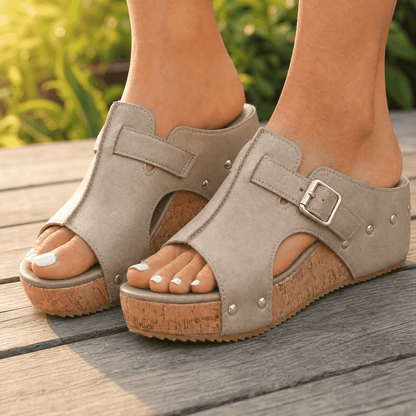 Solana – Retro Cork Wedge Sandals with Rivet Detail