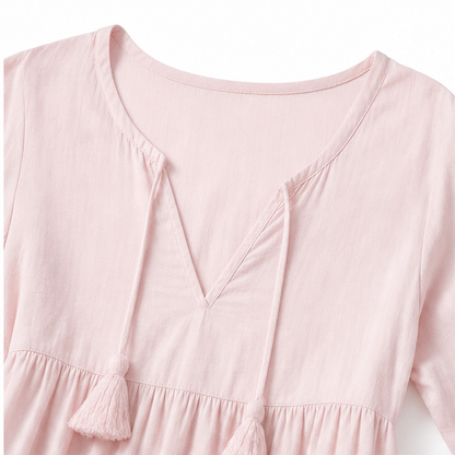Soleia – Flowy Tiered V-Neck Midi Dress with Tassel Tie, Soft Feel, Half Sleeve