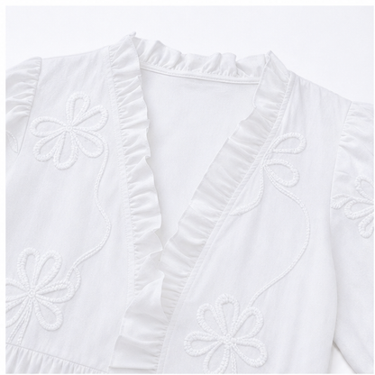 Soliera – Floral Puff Sleeve Midi Dress with Ruffle V-Neck