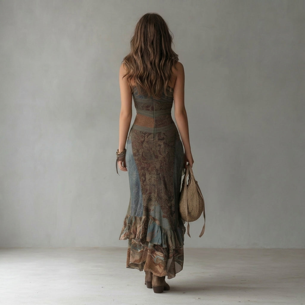 Elena Asymmetric One-Shoulder Maxi Dress with Ethnic Print & Side Slit