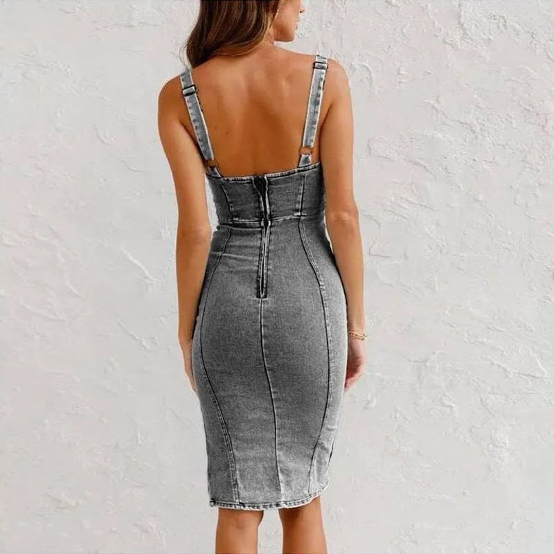 Women's Washed Sleeveless Denim Bodycon Midi Dress – Corset Detail, Adjustable Straps & Side Slit