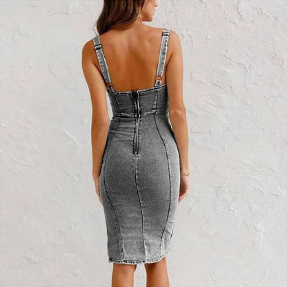 Women's Washed Sleeveless Denim Bodycon Midi Dress – Corset Detail, Adjustable Straps & Side Slit