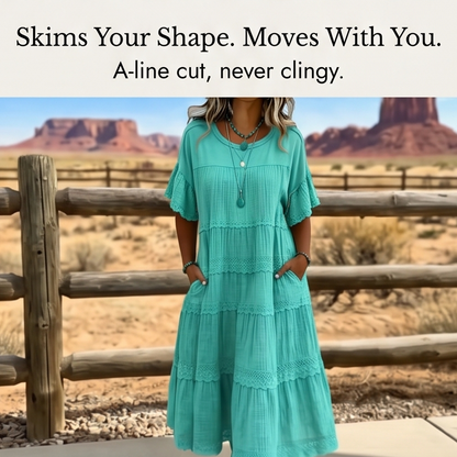 Sundara – Women's Tiered Lace Midi Dress with Hidden Pockets