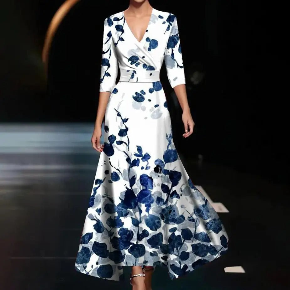 Emily - Printed High Waist Midi Dress with Mid Sleeves