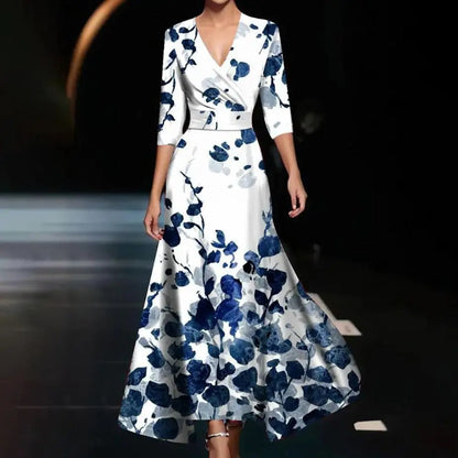 Emily - Printed High Waist Midi Dress with Mid Sleeves