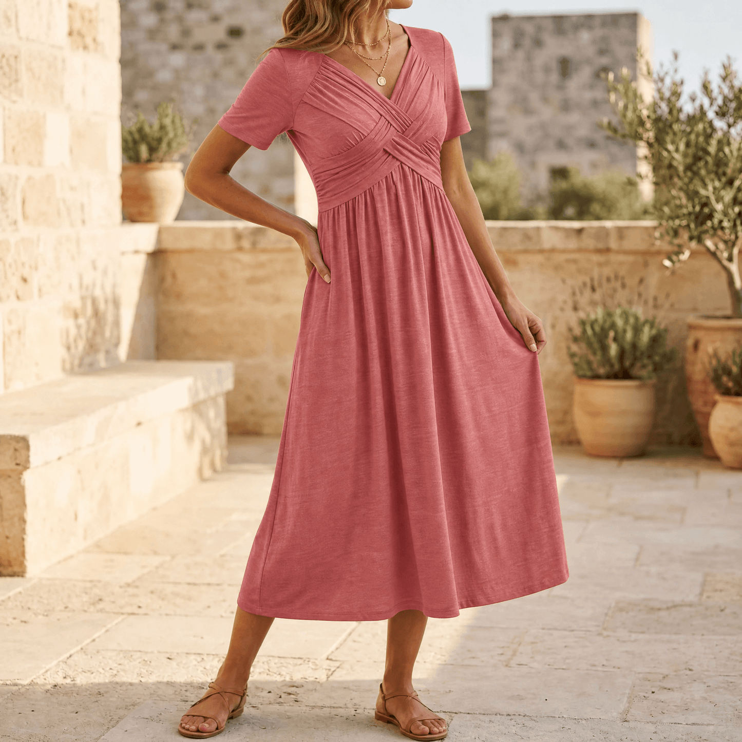 Veluna – Crossover V-Neck Midi Dress with Pockets