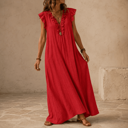 Veluna – Women's Ruffle-V Midi Dress with Pockets