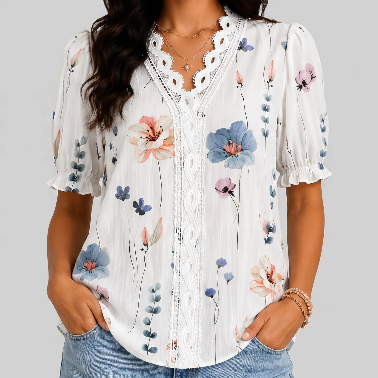 Boho Flower Blouse with Laced Spliced V-neck